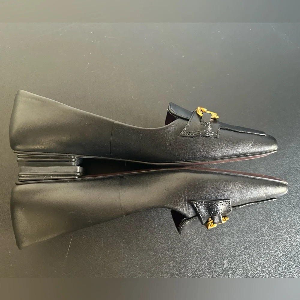 FRANCO SARTO Size 8 Black Leather Loafers GOLD CHAIN SQUARE TOE